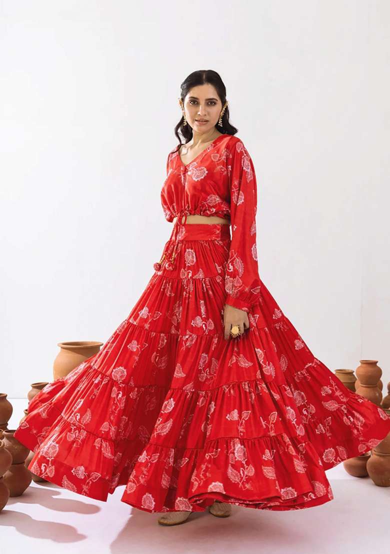 Red Chinon Lehenga Set with Printed for Diwali | Wedding & Festive Wear - Indya