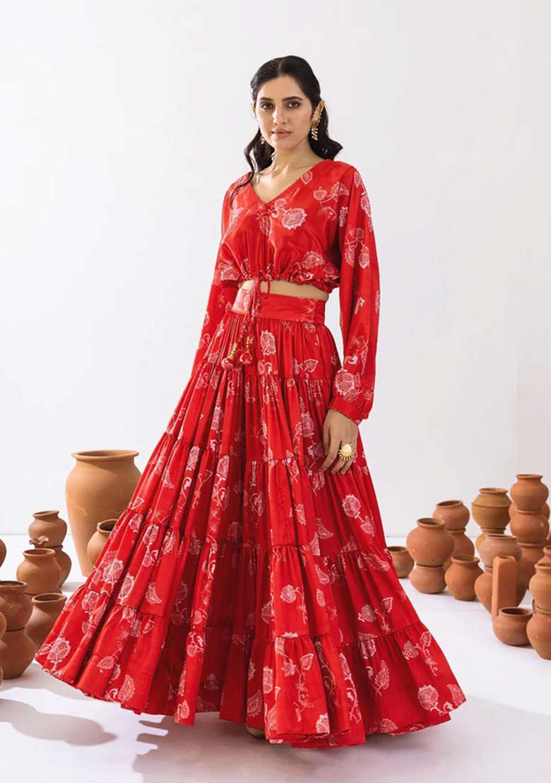 Red Chinon Lehenga Set with Printed for Diwali | Wedding & Festive Wear - Indya