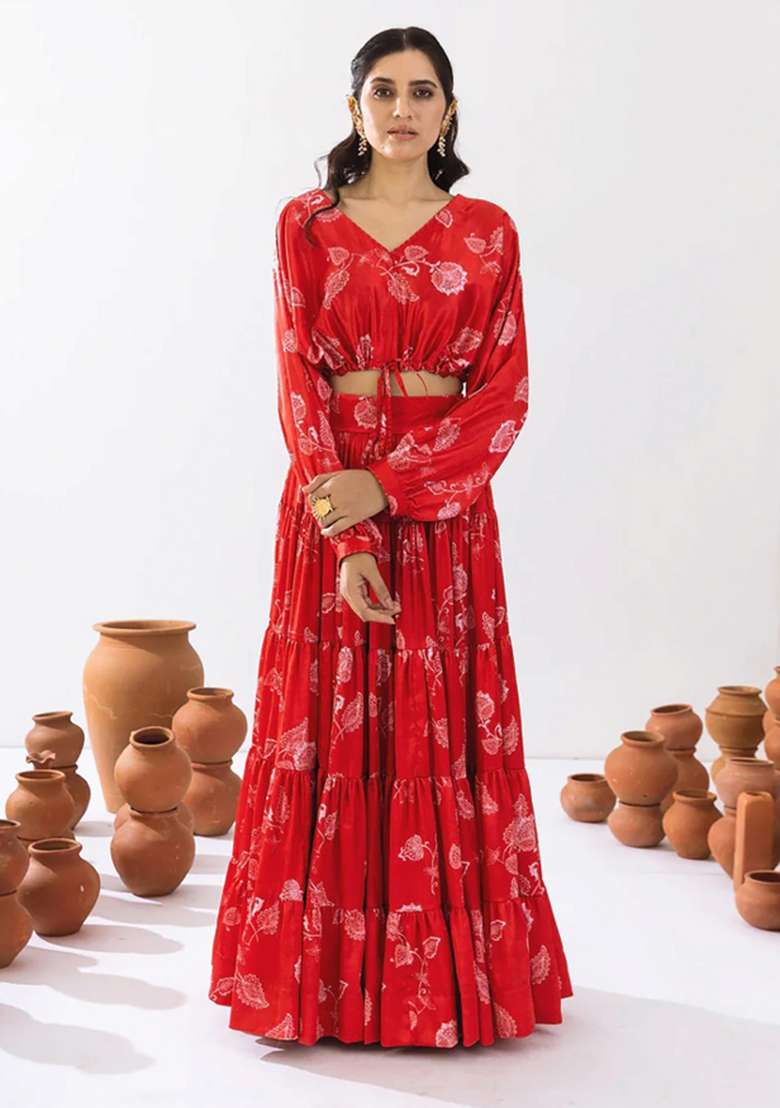 Red Chinon Lehenga Set with Printed for Diwali | Wedding & Festive Wear - Indya