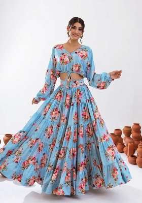 Turquoise Chinon Lehenga Set with Printed for Diwali | Wedding & Festive Wear