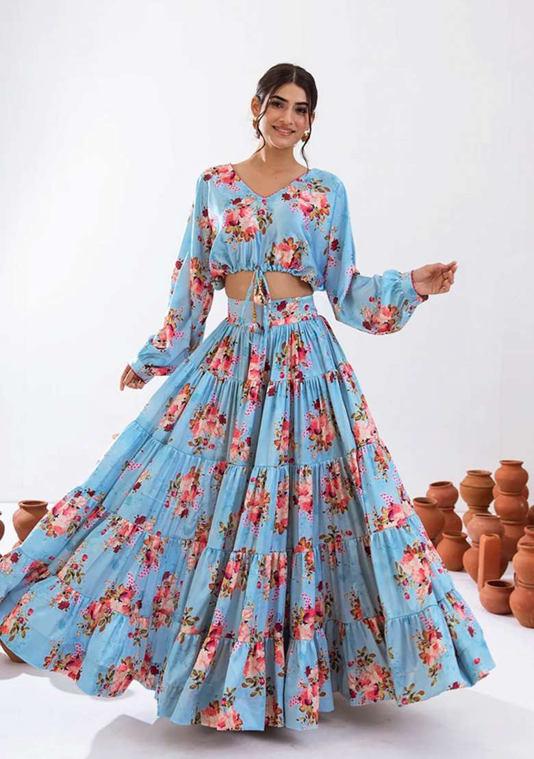 Turquoise Chinon Lehenga Set with Printed for Diwali | Wedding & Festive Wear - Indya