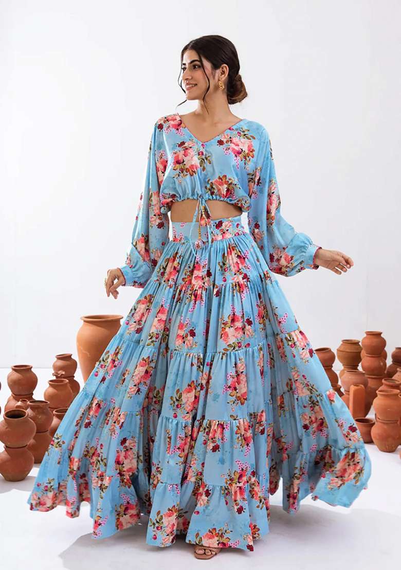 Turquoise Chinon Lehenga Set with Printed for Diwali | Wedding & Festive Wear - Indya