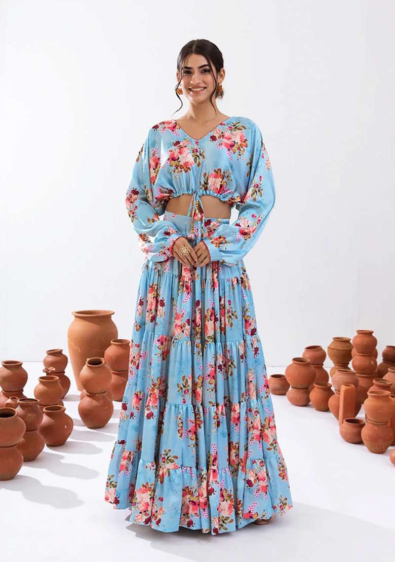 Turquoise Chinon Lehenga Set with Printed for Diwali | Wedding & Festive Wear - Indya