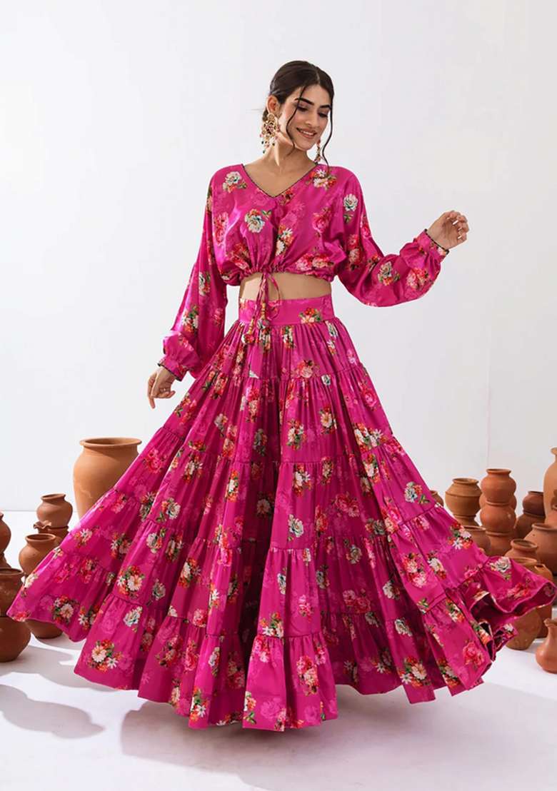Magenta Chinon Lehenga Set with Printed for Diwali | Wedding & Festive Wear - Indya