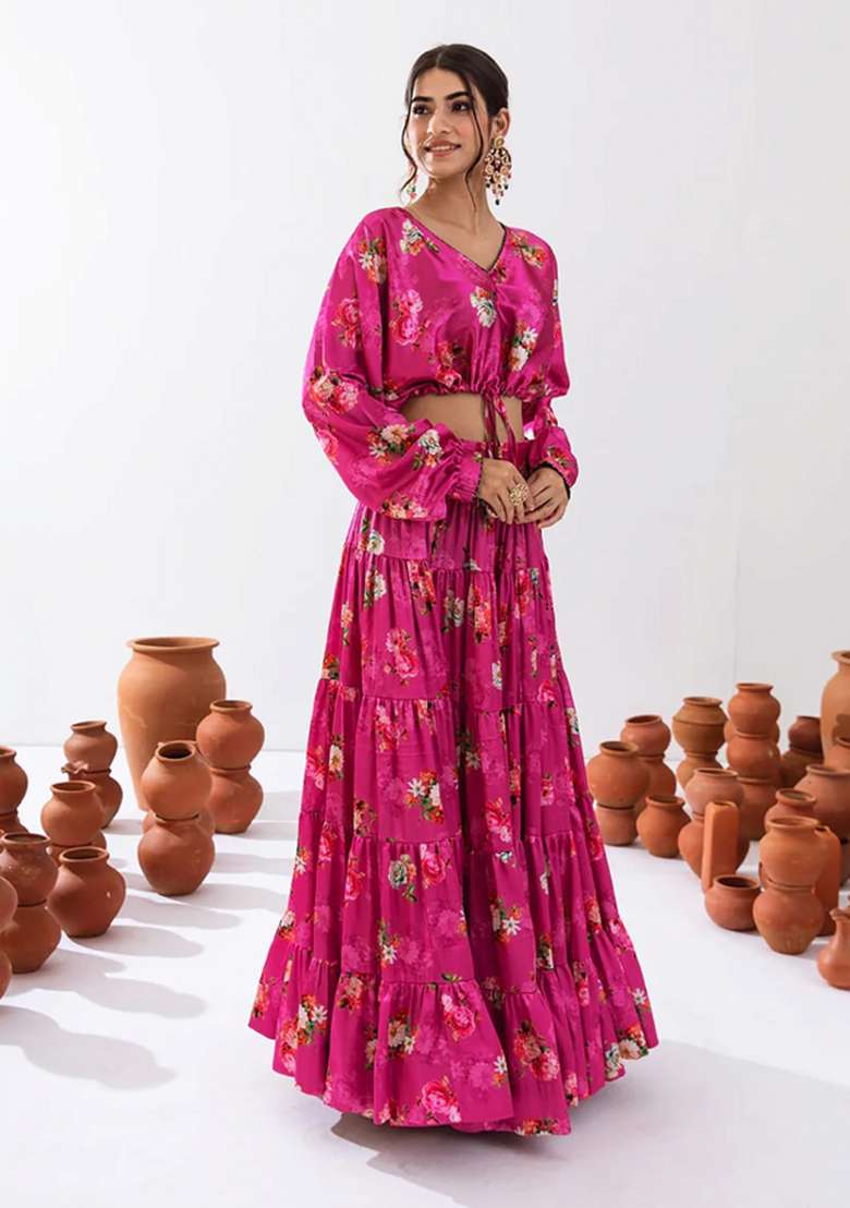 Magenta Chinon Lehenga Set with Printed for Diwali | Wedding & Festive Wear - Indya