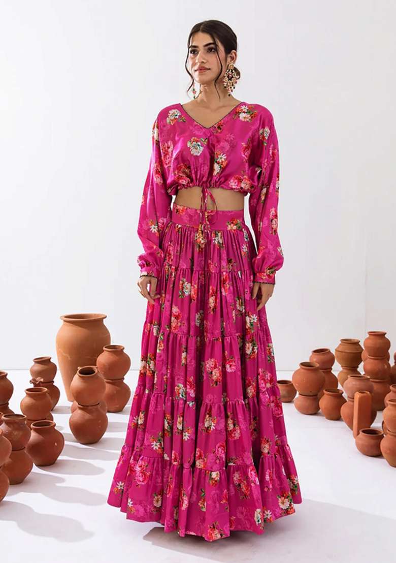 Magenta Chinon Lehenga Set with Printed for Diwali | Wedding & Festive Wear - Indya