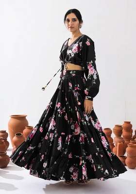 Black Printed Chinon Lehenga Set for Diwali and Festive Wear