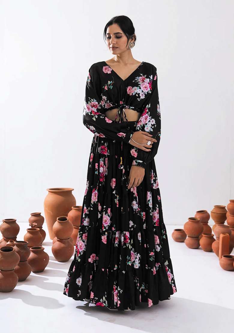 Black Printed Chinon Lehenga Set for Diwali and Festive Wear - Indya