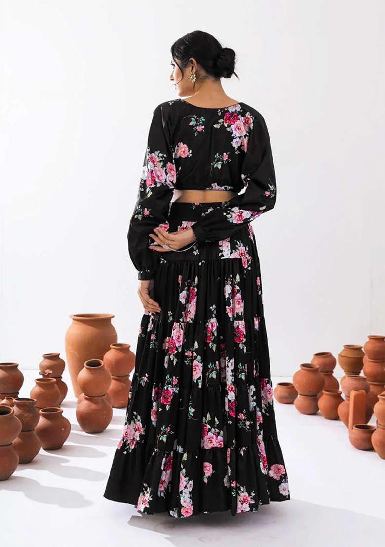 Black Printed Chinon Lehenga Set for Diwali and Festive Wear - Indya