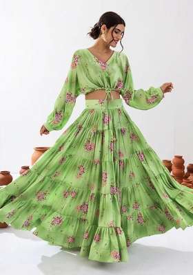 Light Sea Green Chinon Lehenga Set with Printed for Diwali | Wedding & Festive Wear