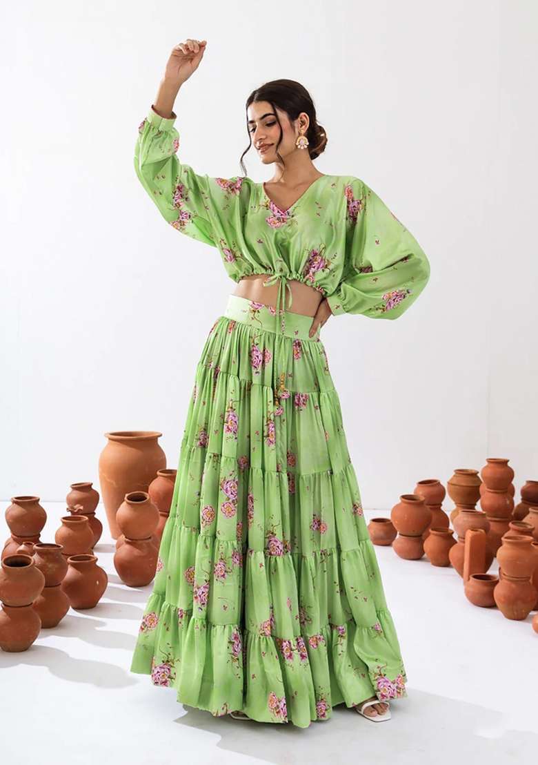 Light Sea Green Chinon Lehenga Set with Printed for Diwali | Wedding & Festive Wear - Indya