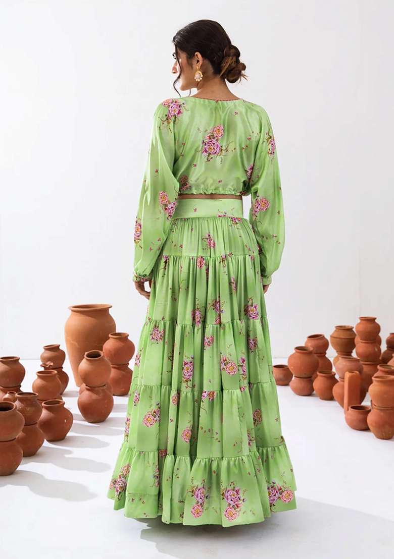 Light Sea Green Chinon Lehenga Set with Printed for Diwali | Wedding & Festive Wear - Indya