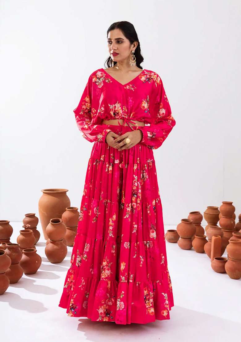 Rani Pink Chinon Lehenga Set with Printed for Diwali | Wedding & Festive Wear - Indya