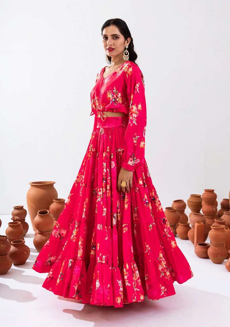 Rani Pink Chinon Lehenga Set with Printed for Diwali | Wedding & Festive Wear - Indya