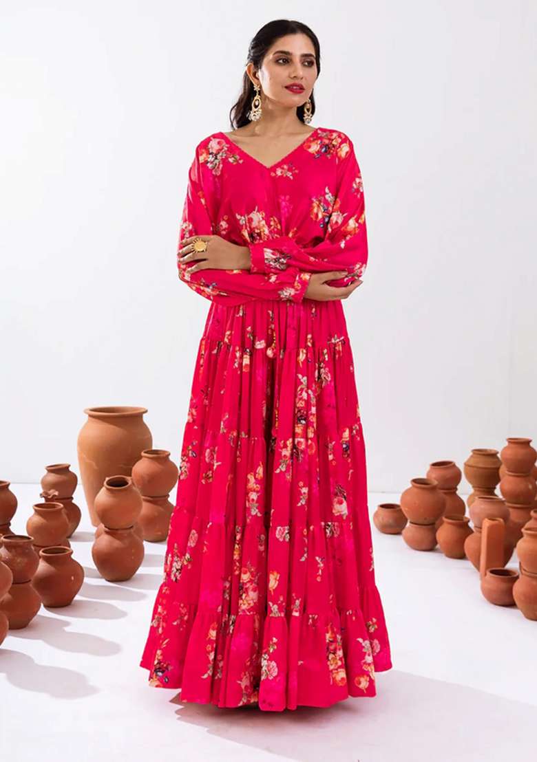 Rani Pink Chinon Lehenga Set with Printed for Diwali | Wedding & Festive Wear - Indya