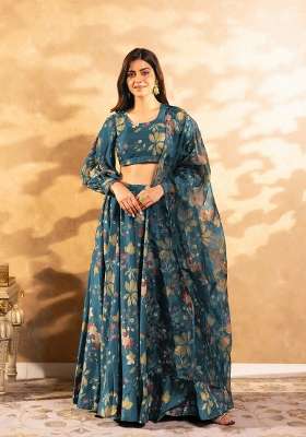 Blue Chinon Lehenga Set with Printed for Diwali | Wedding & Festive Wear