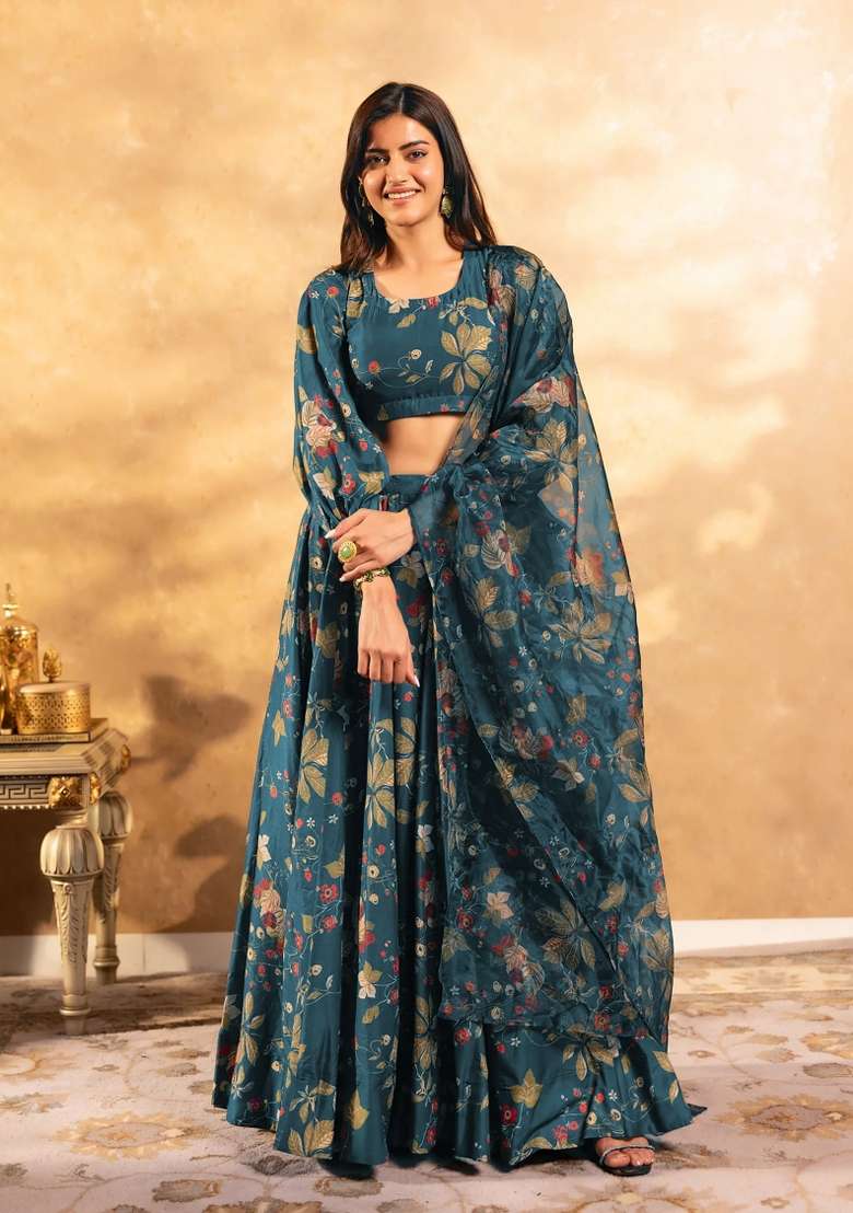 Blue Chinon Lehenga Set with Printed for Diwali | Wedding & Festive Wear - Indya