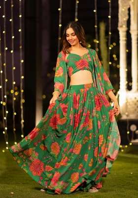 Green Printed Chinon Lehenga Set for Diwali and Festive Wear