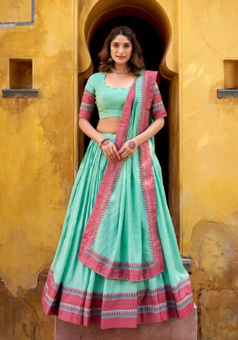 Blue Thread Work Chanderi Lehenga Set