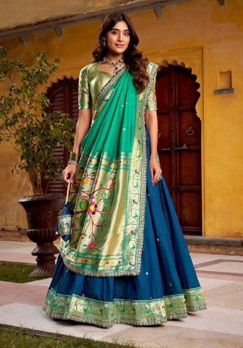 Blue Sequin Work Silk Lehenga Set