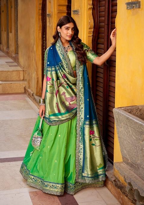 Parrot Sequin Work Silk Lehenga Set