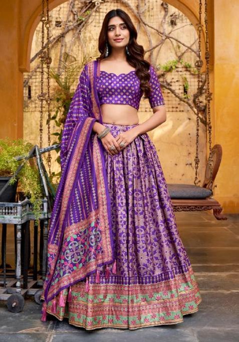 Purple Lace Work Silk Lehenga Set