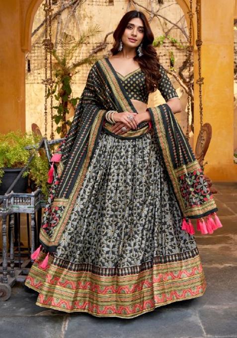 Black Lace Work Silk Lehenga Set