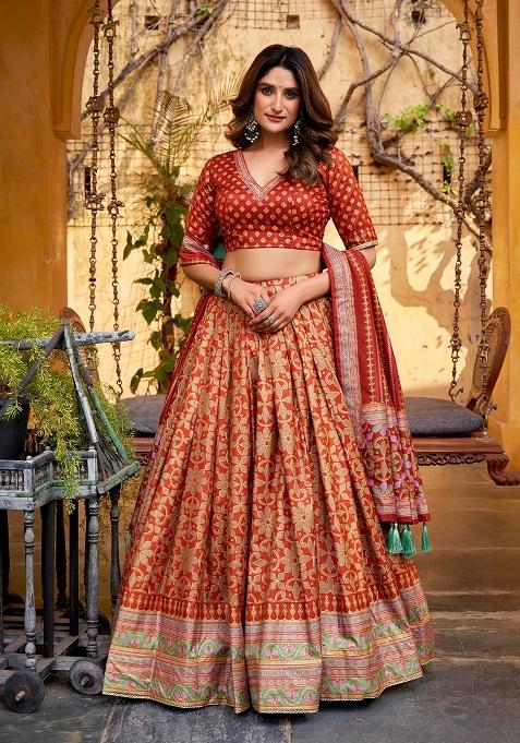 Orange Lace Work Silk Lehenga Set