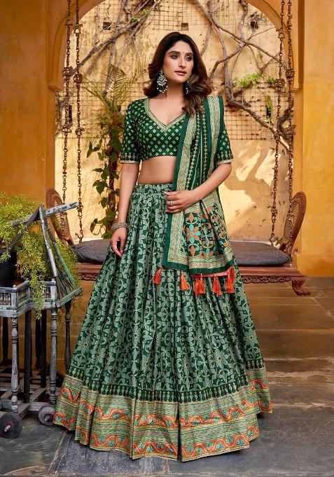 Green Lace Work Silk Lehenga Set