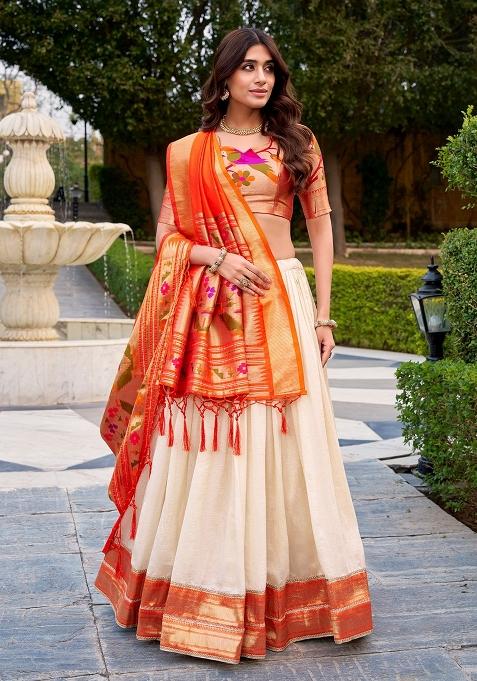 White Lace Work Silk Lehenga Set