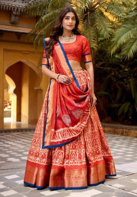 Orange Zari Work Silk Lehenga Set