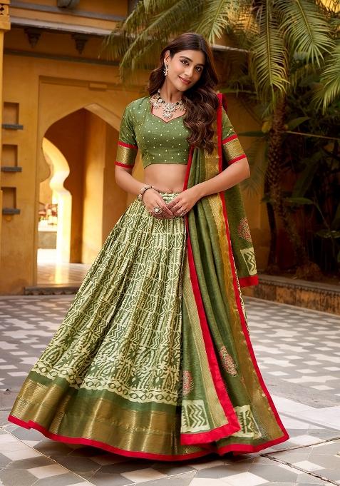 Mehendi Zari Work Silk Lehenga Set