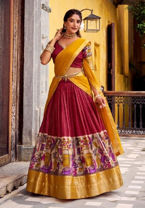 Red Zari Work Chanderi Lehenga Set