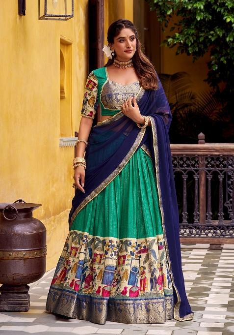 Green Zari Work Chanderi Lehenga Set