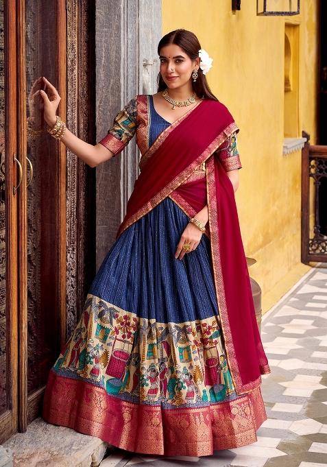 Blue Zari Work Chanderi Lehenga Set