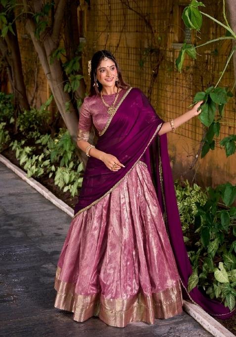 Pink Zari Work Silk Lehenga Set