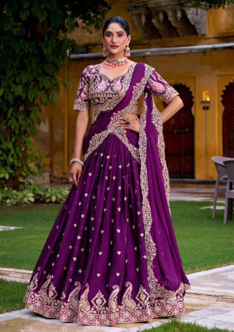 Purple Sequin Work Rangoli Lehenga Set for Diwali and Festive Wear - Indya