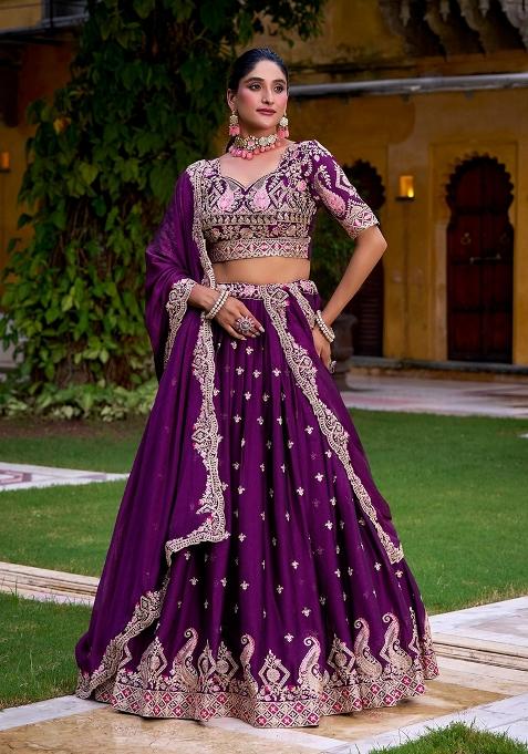 Purple Sequin Work Rangoli Lehenga Set