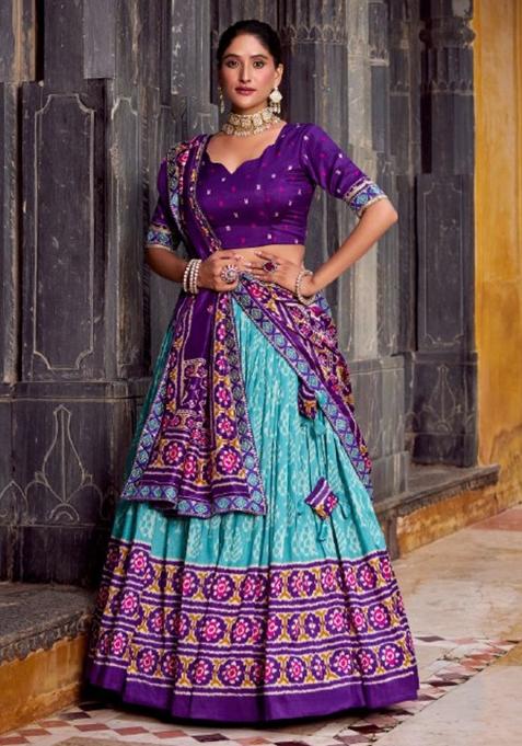 Blue Printed Silk Lehenga Set
