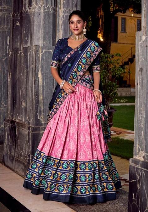 Pink Printed Silk Lehenga Set