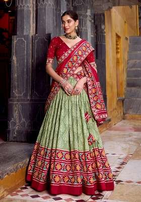 Green Printed Silk Lehenga Set for Diwali and Festive Wear