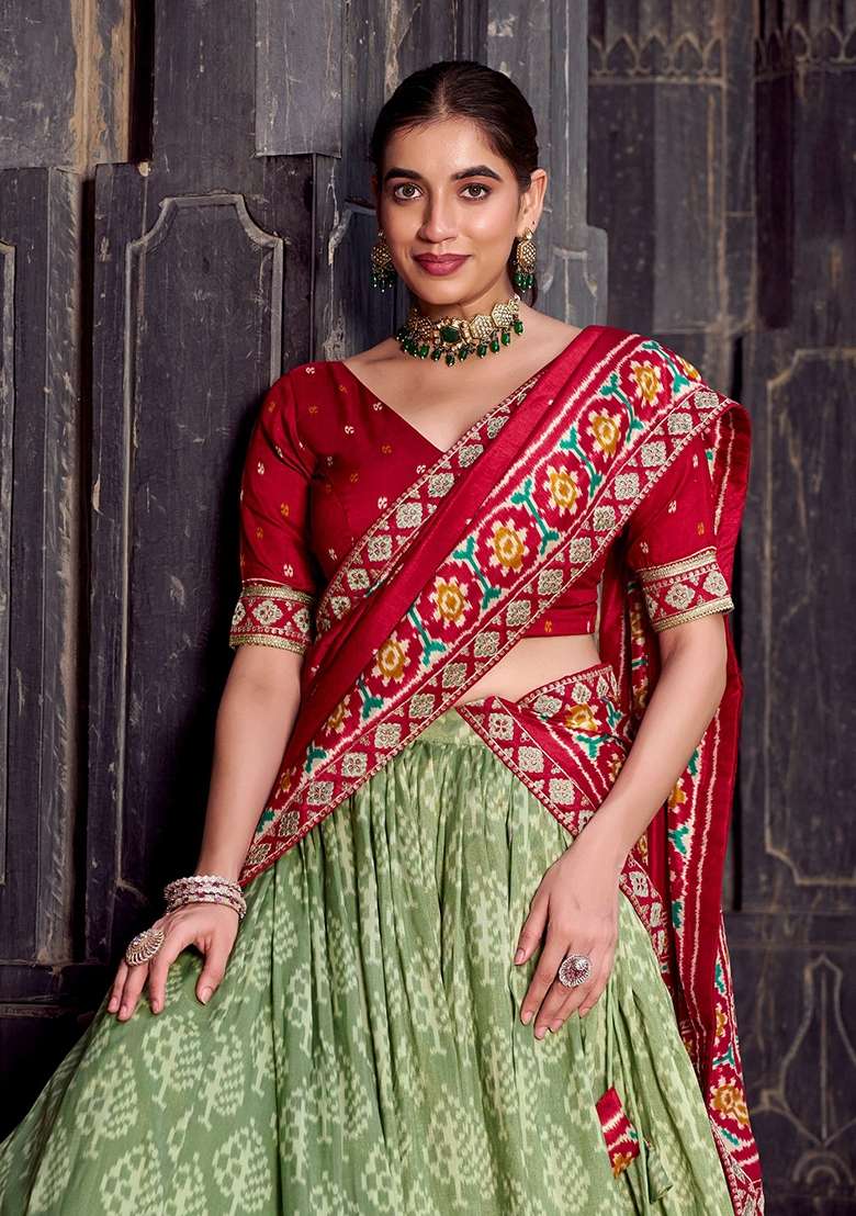 Green Printed Silk Lehenga Set for Diwali and Festive Wear - Indya