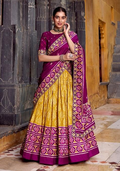 Mustard Printed Silk Lehenga Set
