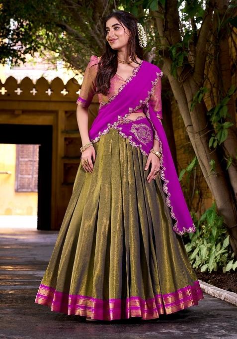 Pink Zari Work Kanchipuram Lehenga Set
