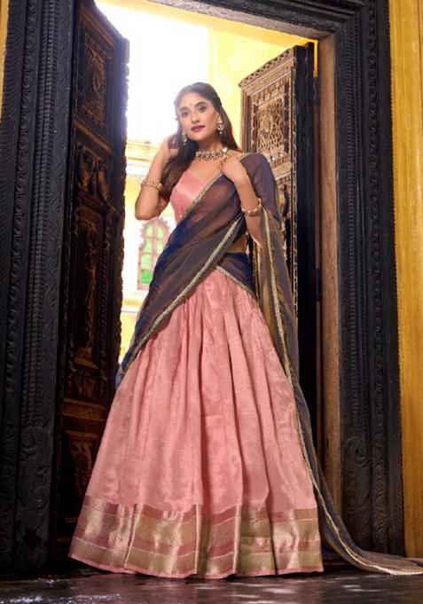 Pink Zari Work Silk Lehenga Set