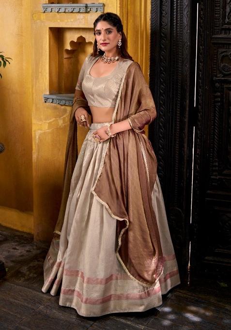 Cream Zari Work Silk Lehenga Set
