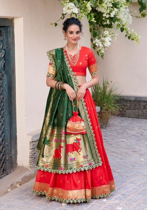 Red Sequin Work Silk Lehenga Set