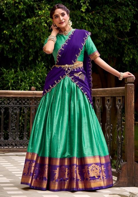 Green Zari Work Cotton Lehenga Set