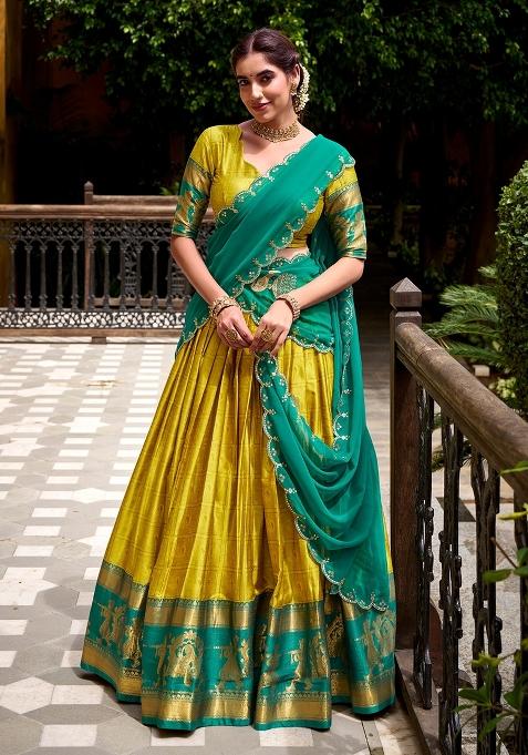 Yellow Zari Work Cotton Lehenga Set