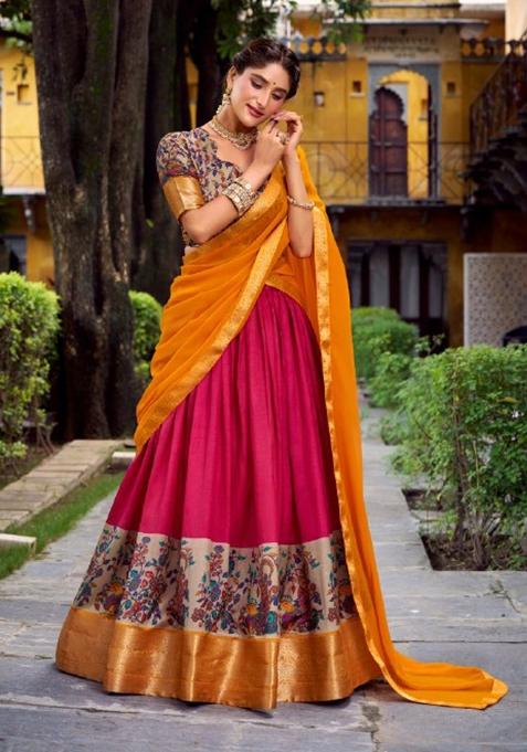 Pink Zari Work Silk Lehenga Set